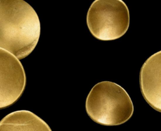 A sampling of the 41 curved Celtic golden coins from the late Iron Age found not far from present-day Berlin, Germany.		Source: Brandenburg State Office for the Preservation of Monuments and Archaeological State Museum