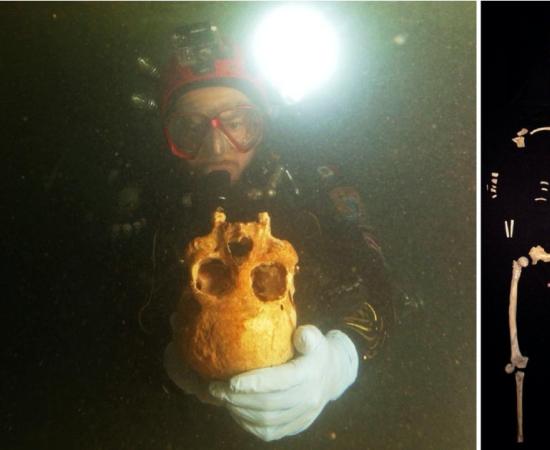 Right: Divers discovered the ancient woman's remains in the Chan Hol cenote cave, near Tulum, Mexico. Left: Pieces of skeleton put together.  Source: Eugenio Acevez & Jerónimo Avilés Olguín / Heidelberg University