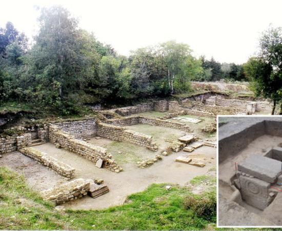 Roman legionary headquarters (principia) at Novae, Bulgaria.  Inset; Centurion’s Tombstone repurposed in a cist grave