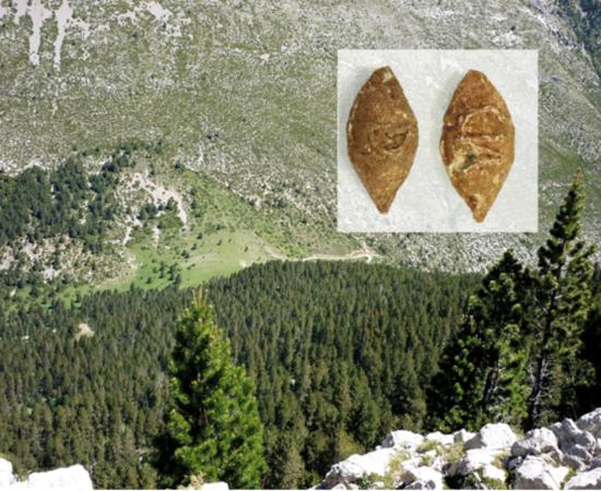 Collet de Jovell in the eastern Pyrenees, with inset; two inscribed Roman sling bullets.