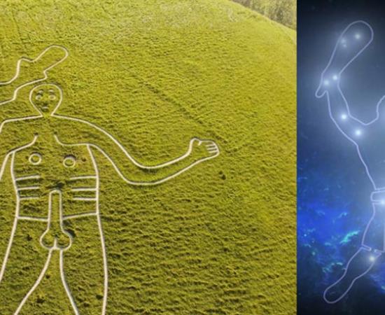 Aerial drone image of the Cerne Giant chalk figure, Dorset, England.		Source: Roberto / Adobe Stock
