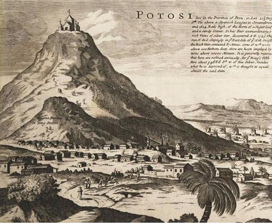 Cerro Rico de Potosí as depicted in 1715, a possible origin of the Sierra de la Plata myth. 