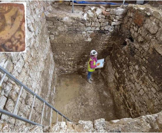 Main: The cesspit excavation site. Inset: The tile of the mythical beast found at the site. Source:          MOLA