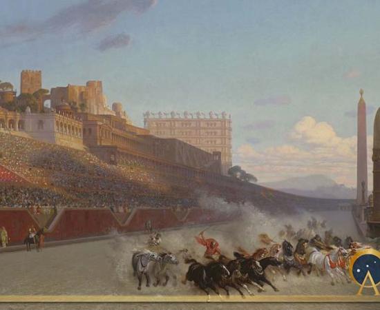 Chariot race in Rome's Circus Maximus, as if seen from the starting gate. The Palatine Hill and Imperial palace are to the left, by Jean Léon Gérôme (1876) (Public Domain)
