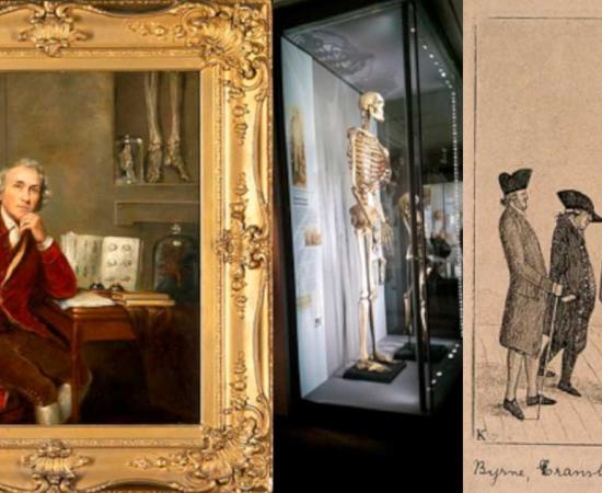 Left: Oil painting of John Hunter; Center: Charles Byrne’s skeleton at the Hunterian Museum, London; Right; Charles Byrne in and etching by J. Kay	Source: Left: CC BY 4.0; Center: Emőke Dénes/ CC BY-SA 4.0; Right: CC BY 4.0