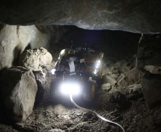 A Chavin Rover robot archaeologist at work in the Chavin de Huantar temple. 