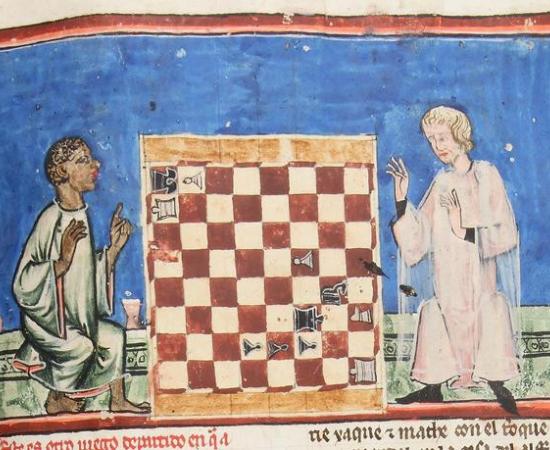 A Black chess player about to win against a light-skinned cleric. Chess problem 88 in the Libro de axedrez,