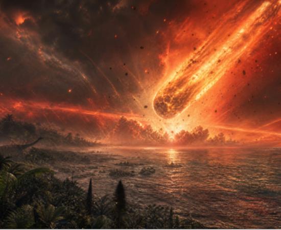 Representation of the Chicxulub asteroid impact on the Yucatan Peninsula 66 million years ago.