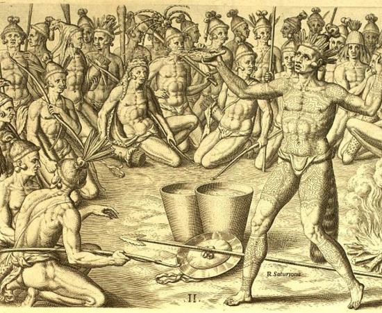 Chief Saturiwa prepares his men for battle during a ceremony involving the black drink. 