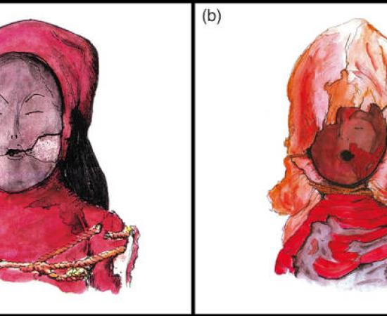 Watercolors of red (left) and bandage (right) style Chinchorro child mummies.