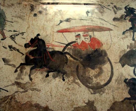 A section of a Chinese Eastern Han Dynasty (25–220 AD) fresco of 9 chariots, 50 horses, and over 70 men, from a tomb in Luoyang, China, which was once the capital of the Eastern Han. 