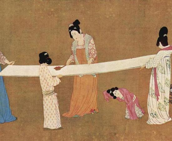 A painting depicting women inspecting silk, early 12th century, ink and color on silk, by Emperor Huizong of Song.