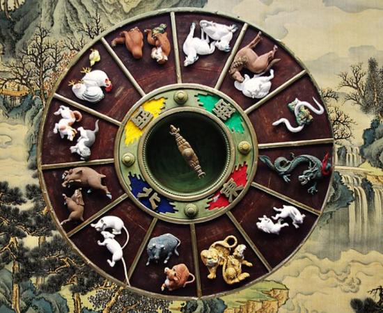 Carvings depicting the Chinese Zodiac on the ceiling of the gate to Kushida Shrine in Fukuoka, Japan. 