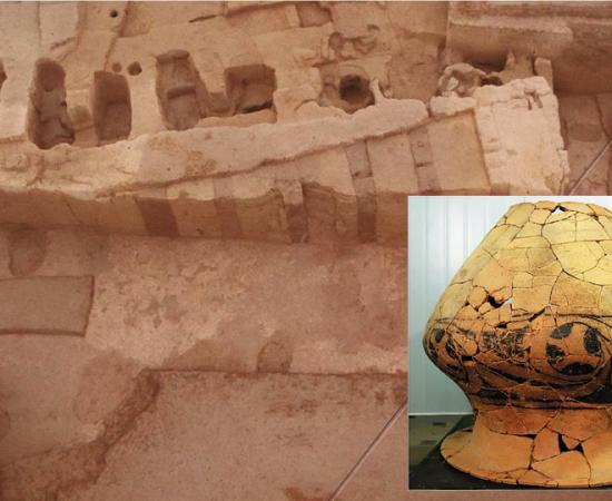 The Nanzuo site in Qingyang, Northwest China's Gansu Province. (China's National Cultural Heritage Administration) Insert: A painted clay jar unearthed at the Nanzuo site this year. (CHINA DAILY)