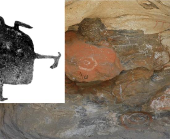 Frontal photographs of the Tangbaletasi Cave Paintings. Inset, sketch of Bell-shaped anthropomorphic motifs associated with the Chemurchek Culture.