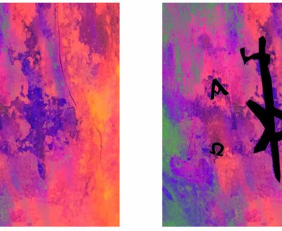 Images of the Christogram tattoo on the dorsal (top) side of the right foot. Picture was taken with a full spectrum camera and digital enhanced using ImageJ software with a DStretch plugin. Source: Kari A. Guilbault/PCMA UW 
