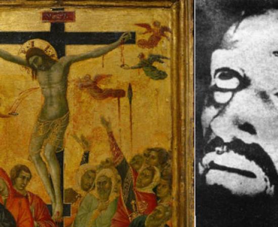 Left; The Crucifixion by André d'Ypres / Dreux Budé Master (before 1440), Getty Centre. Right; Alleged image of Christ from the chronovisor.  