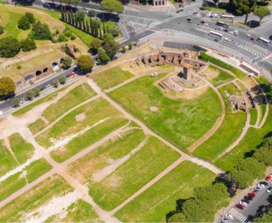 Aerial view of Circus Maximus, an ancient Roman chariot-racing stadium and mass entertainment venue in Rome, Italy. Now it's a public park but it was the first and largest stadium in ancient Rome. Source: Stefano Tammaro/Adobe Stock         
