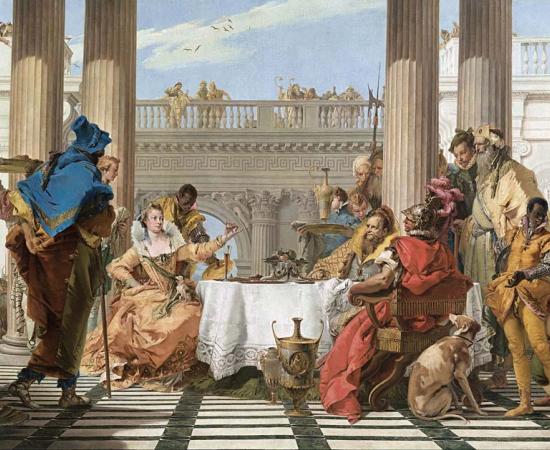 Giovanni Battista Tiepolo's famous painting of The Banquet of Cleopatra (painted 1743–44) shows Cleopatra's pearl above the tall glass of vinegar as Mark Antony looks on.	Source: Giovanni Battista Tiepolo / Public domain