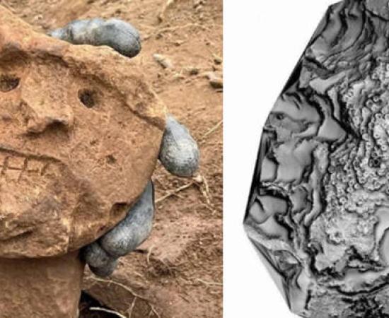 Left; ceremonial club head, Right; LiDAR of mountaintop city