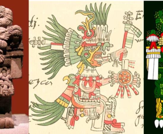 Left: Standing nearly 9 feet tall, this Coatlicue statue is one of the Aztec Empire's largest surviving sculptures. As was typical of Aztec sculptures, all sides of the statue were decorated.    Right: A modern reimagining of Coatlicue. Source: Left: Luidger / CC BY SA 3.0; Center: Public Domain), Right: Public Domain