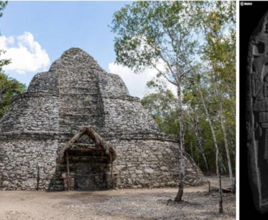 Right; Ancient Maya city of Cobá showing the extensive site layout. Maya stela 26, with the name of the queen mentioned. 