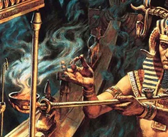 An artist’s imaginary depiction of a pharaoh burning herbs in a ritual. Source: Fair use