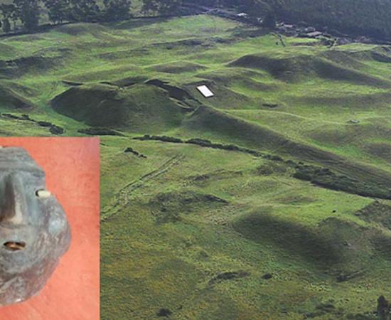 Part of the Cochasquí archaeological site. (Santiago Martinez/ L. Ortiz) A mask found at the site. (Alicia McDermott)