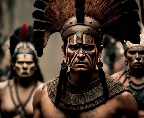 From the Codex Mendoza — a father teaches his son the art of war, and a mother teaches her daughter house chores. The speech is in the scroll glyph. (Public Domain)