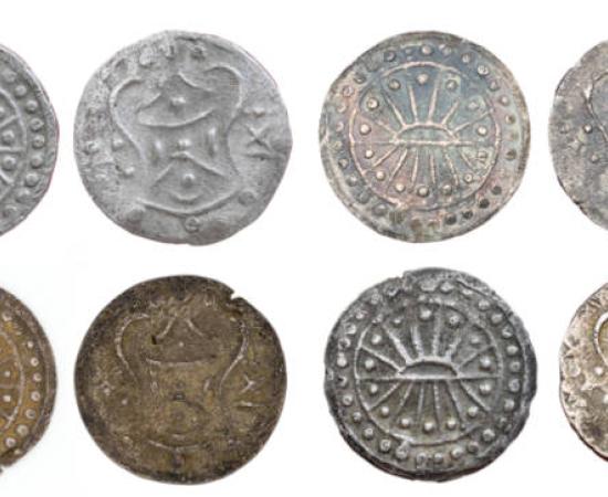 Select coins cast from pair O1/R1, from the Konlah Lan hoard, Angkor Borei