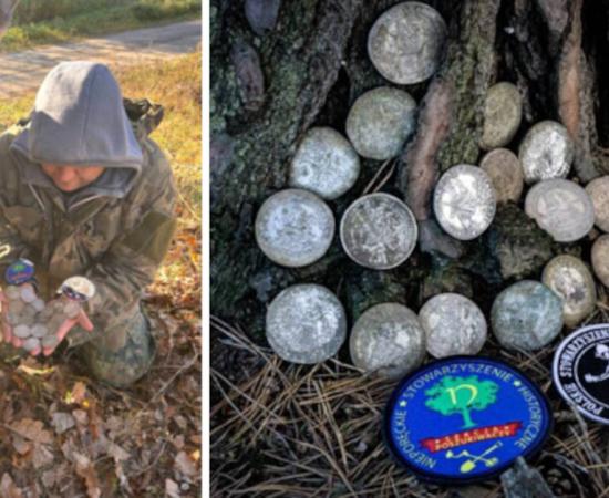 Left, finders with the coins, right, the coins by a tree.
