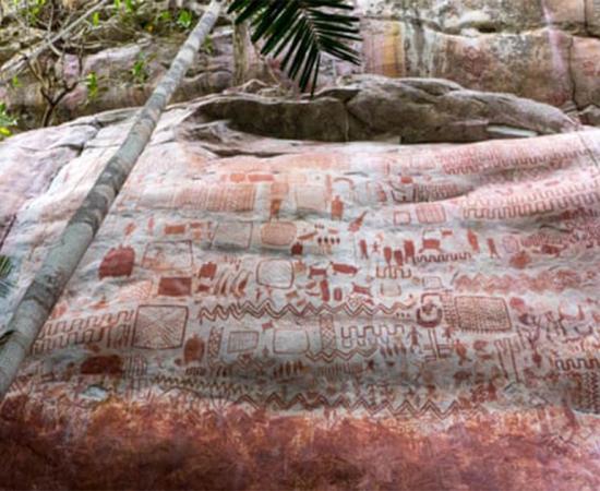 A cliffside Ice Age Colombian art “mural,” discovered in 2019, that simply boggles the mind in its size and extreme location!    Source: Marie-Claire Thomas / Wild Blue Media Ltd