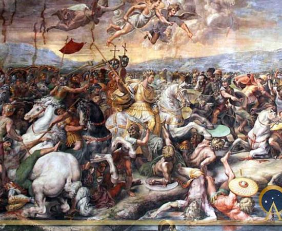Battle of the Milvian Bridge between the Roman Emperors Constantine I and Maxentius on 28 October 312 AD by Giulio Romano ( 1520-24). Vatican City (Public Domain)