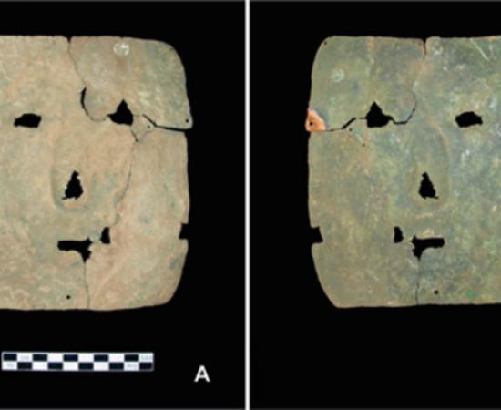 Front and back view of the 3,000 year old mask.