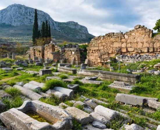 Part of the archaeological site of ancient Corinth in Peloponnese, Greece. Source:   dinosmichail/Adobe Stock
