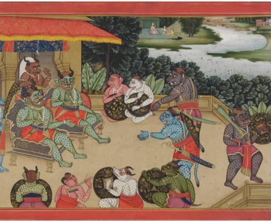 A Council at Lanka, an episode from the Ramayana. Color and gold on paper.