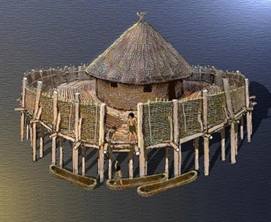 An artist’s impression of the crannog at Monmouth by Peter Bere.