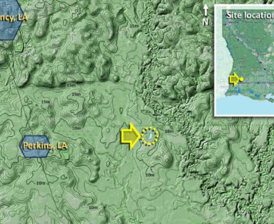 Louisiana airburst crater depression showing impact evidence from 12,800 years ago. The lake is located east of Perkins, LA