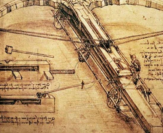 Leonardo da Vinci’s sketch of his invention of the giant crossbow. Public Domain