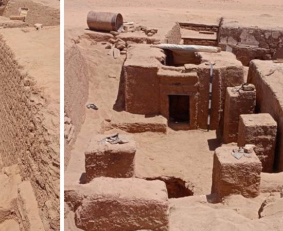 Views of the newly found tomb at Bir el-Shaghala, Dakla archaeological site, Egypt. 