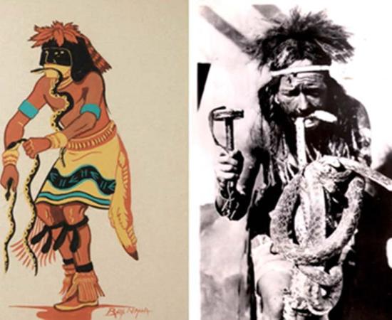 Left:  Hopi snake dancer ( adobegallery) Right: A Hopi male during the annual snake dance and ritual prayers for rain, 1946 (public domain)