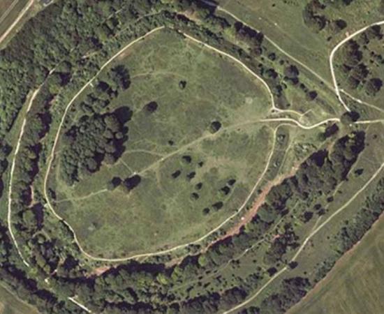 Aerial image of Danebury Fort, an Iron Age hillfort in Hampshire, England. Source: Hampshire Hub and University of Southampton/OGL v1.0OGL v1.0