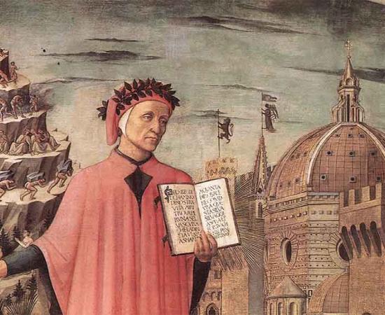 Detail of Dante, between the mountain of Purgatory and the city of Florence by Domenico di Michelino. Source: Public domain