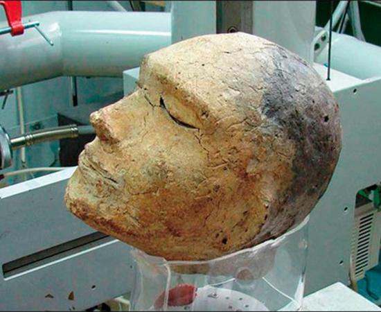 The death mask found in Shestakovsky burial mound No 6.	Source: Vyacheslav Porosev, Instutute of Nuclear Physics, SB RAS