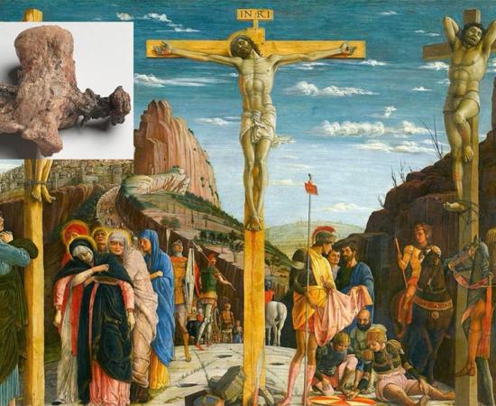 Main: depiction of the crucifixion/death of Jesus Christ and the thieves, Gestas and Dismas. (Andrea Mantegna / Public domain).        Inset: The calcaneus of Yehohanon ben Hagkol, with transfixed nail. (Israel Museum / Ilan Shtulman)