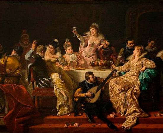 Painting of a Renaissance banquet, by Władysław Bakałowicz. Source. Public Domain
