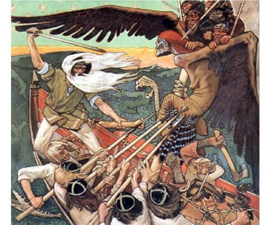 The Defense of the Sampo, by Akseli Gallen-Kallela, shows Louhi in the form of a flying, winged creature. Created in 1895 by unknown artist. 