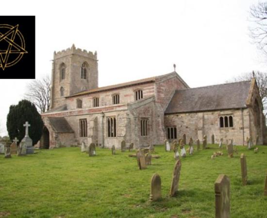 Main: The Church of St Botolph (‘the demon church’), Skidbrooke.       Source: Dave Hitchborne / CC BY-SA 2.0. Inset: Burning flames on a pentagram/satanic symbol. Source: Sunshine Seeds / Adobe stock