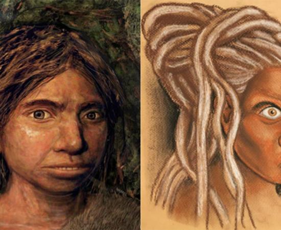 The reconstructed face of a Siberian Denisovan (right) alongside the Hebrew University’s own representation of a Sunda Denisovan (left).            Source: Left © Hernandez/Cartwright/Collins; b) © Maayan-Harel)