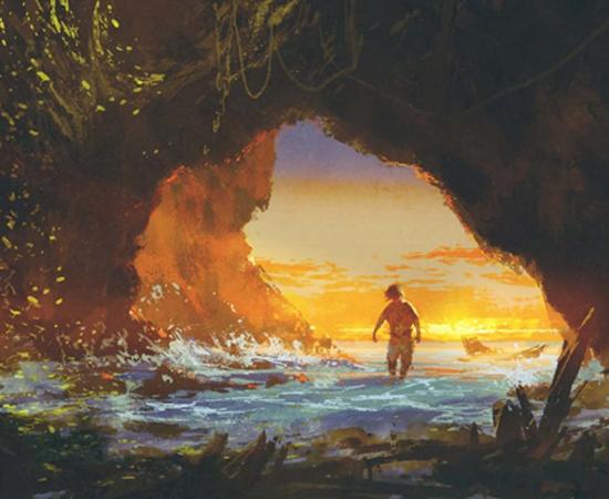 Man walking in a sea cave at sunset, illustration painting. New research on the Denisovans provides more insight on their lives and population spread. 